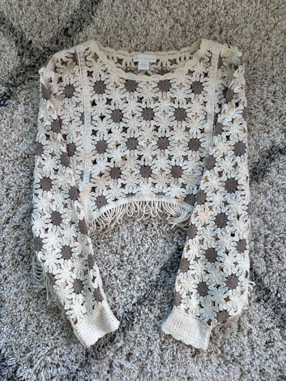 House of Harlow 1960 Cream & Brown Crochet Fringe Top